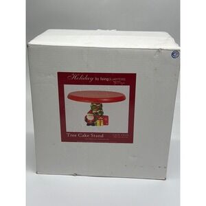LivingQuarters Holiday Christmas Tree Santa‎ Cake Stand Red Earthenware 11.25in